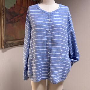 Linen Pocket Blouse Blue Stripe Button Front Coastal Grandmother Resort XL C&C